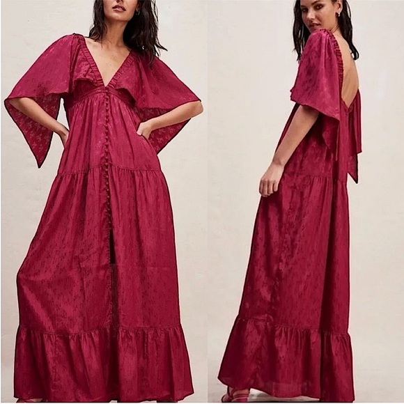 Free People Dresses & Skirts - NWT Free People Cha Cha Maxi Dress In Red Cape Sleeve Empire Waist Size Medium